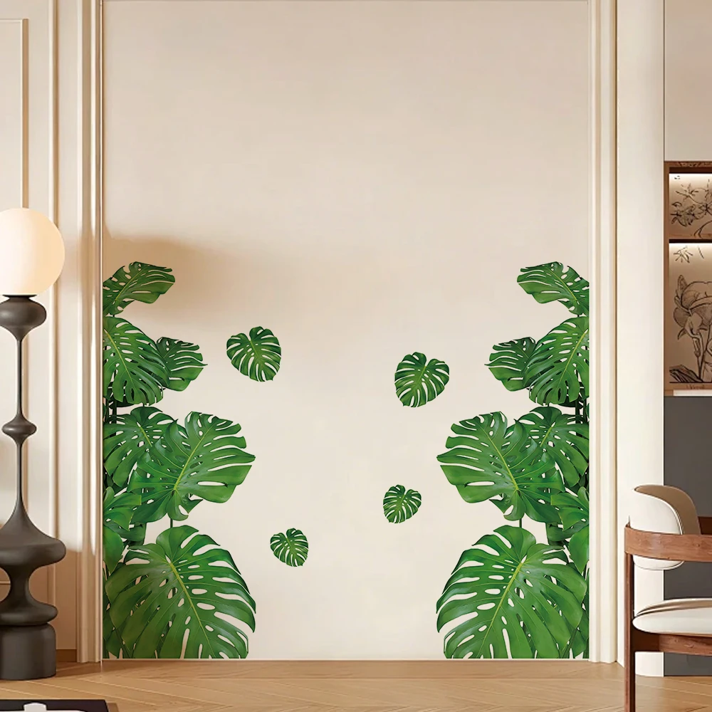 2pcs Large Size Green Plant Wall Decal Sticker For Home Decoration Monster Leaf Design Easy To Apply And Remove Home Wall Art