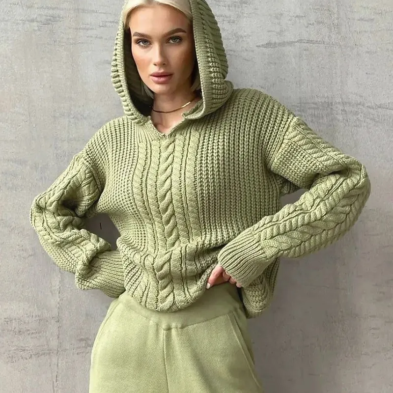 Knitted Women Sweaters Solid Baggy Hooded Jumpers 2023 Fall Winter New Popular Workout Activewear Chic Y2K Streetwear Pullovers