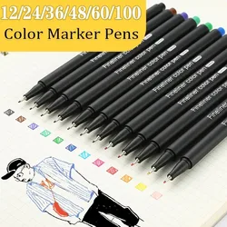 12-100 Colors Fine Line Pens 0.4mm Fine Tip Watercolor Markers for Manga Art Sketching School Stationery Artist Office Supplies