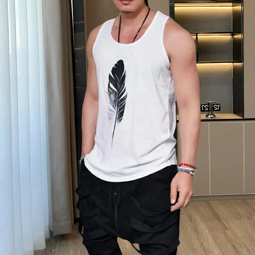 Round Neck Vest Men Feather Print Vest Feather Print Men's Summer Vest with Racerback Design Quick-drying Technology for Wide