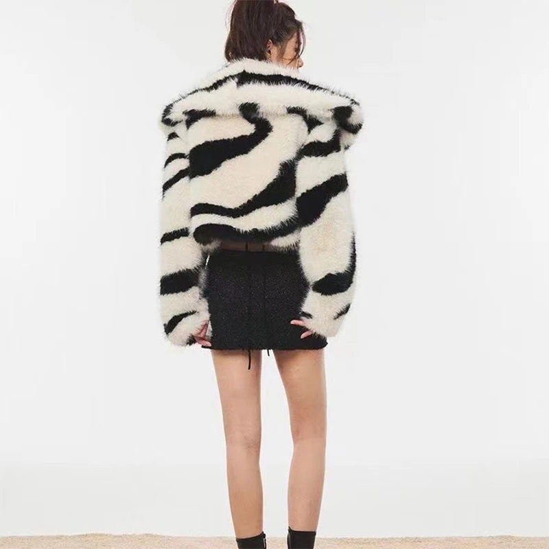 Cropped Zebra Fur Coat Women Winter Faux Fox Fur Short Jackets Y2k Hot Girls Korean Fashion Goth Punk Fluffy Furry Big Collar