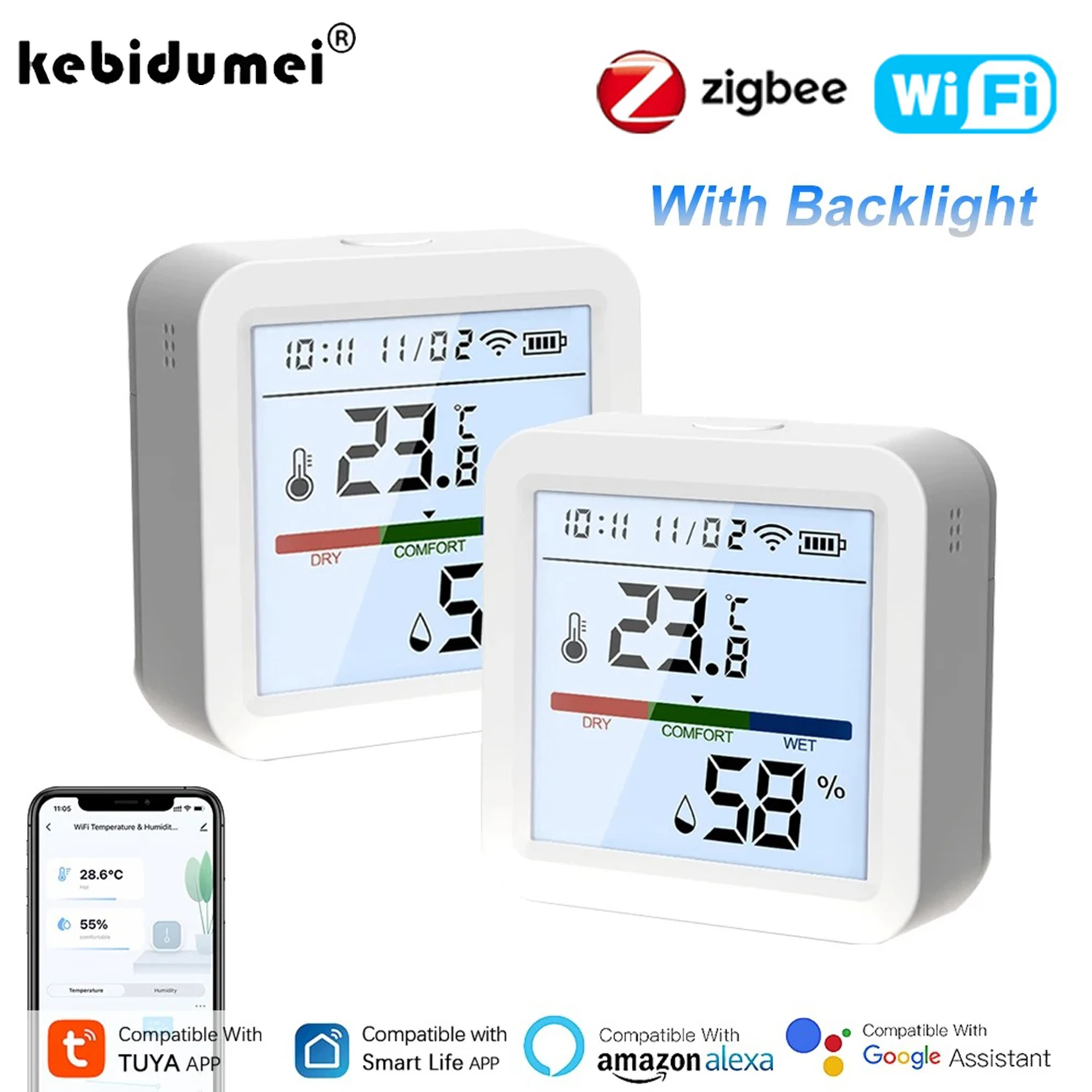 Умный датчик температуры и влажности Tuya, Wi-Fi/Zigbee с подсветкой, комнатный гигрометр, голосовое управление через Alexa Google Home