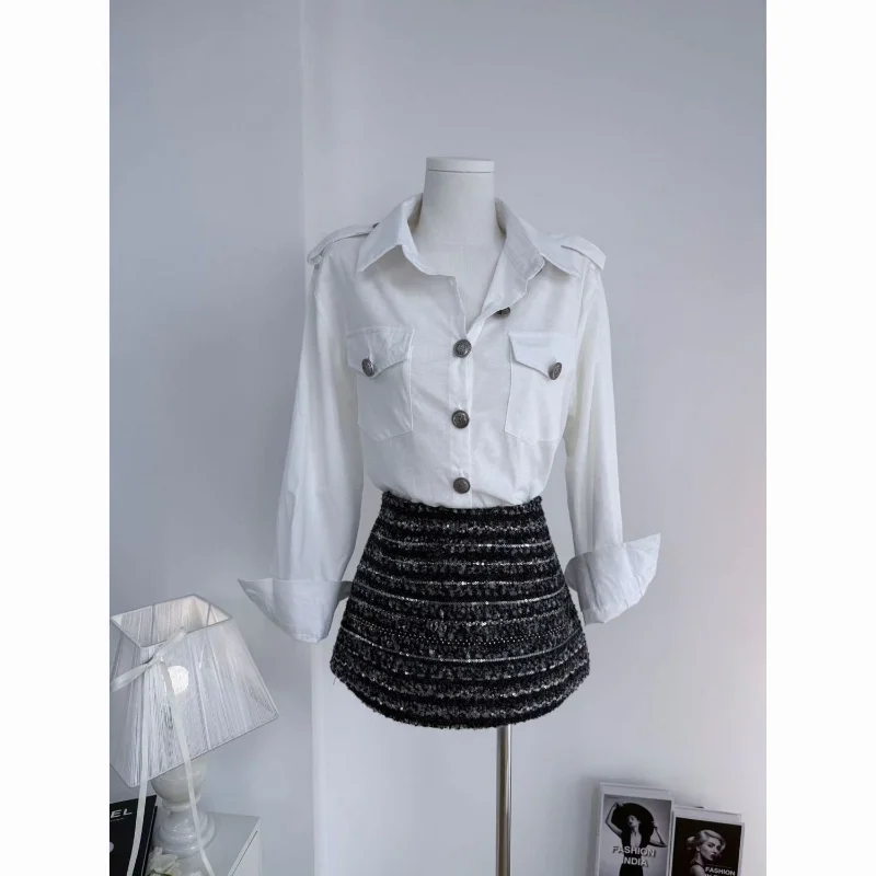 

Женский комплект: приталенная рубашка с длинным рукавом и юбка с высокой талией, модный корейский стиль, новинка ранней осени, дышащий полиэстер