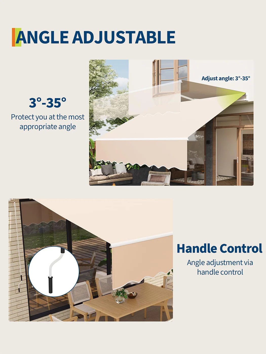 3x2,5m Ausziehbare Terrassenmarkise, Manuelle Kurbel-Sonnenschutzmarkise mit Wasserdichtem UV50+ Stoff & Aluminiumrahmen für Balkon Garten Outdoor – Detail 7