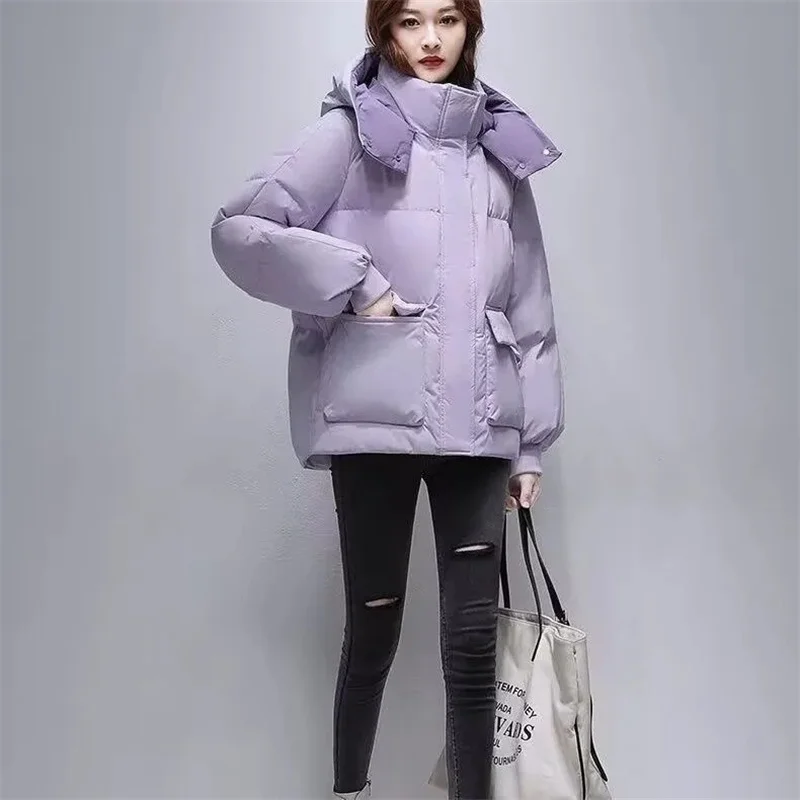 Female Splicing Together Cotton Padded Top Korean Women Loose Fitting Down Cotton Jacket 2024, женские короткие парки с капюшоном, верхняя одежда