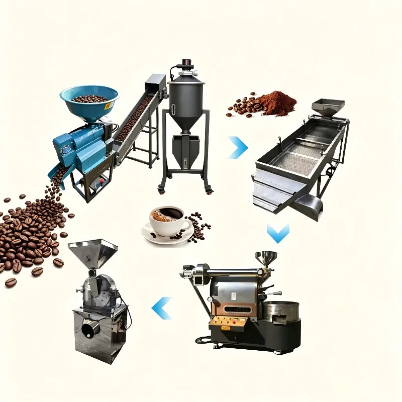 Stainless Steel Coffee Bean Processing Line Coffee Roaster Grinder Huller Destoner Green Coffee Bean Production Machine