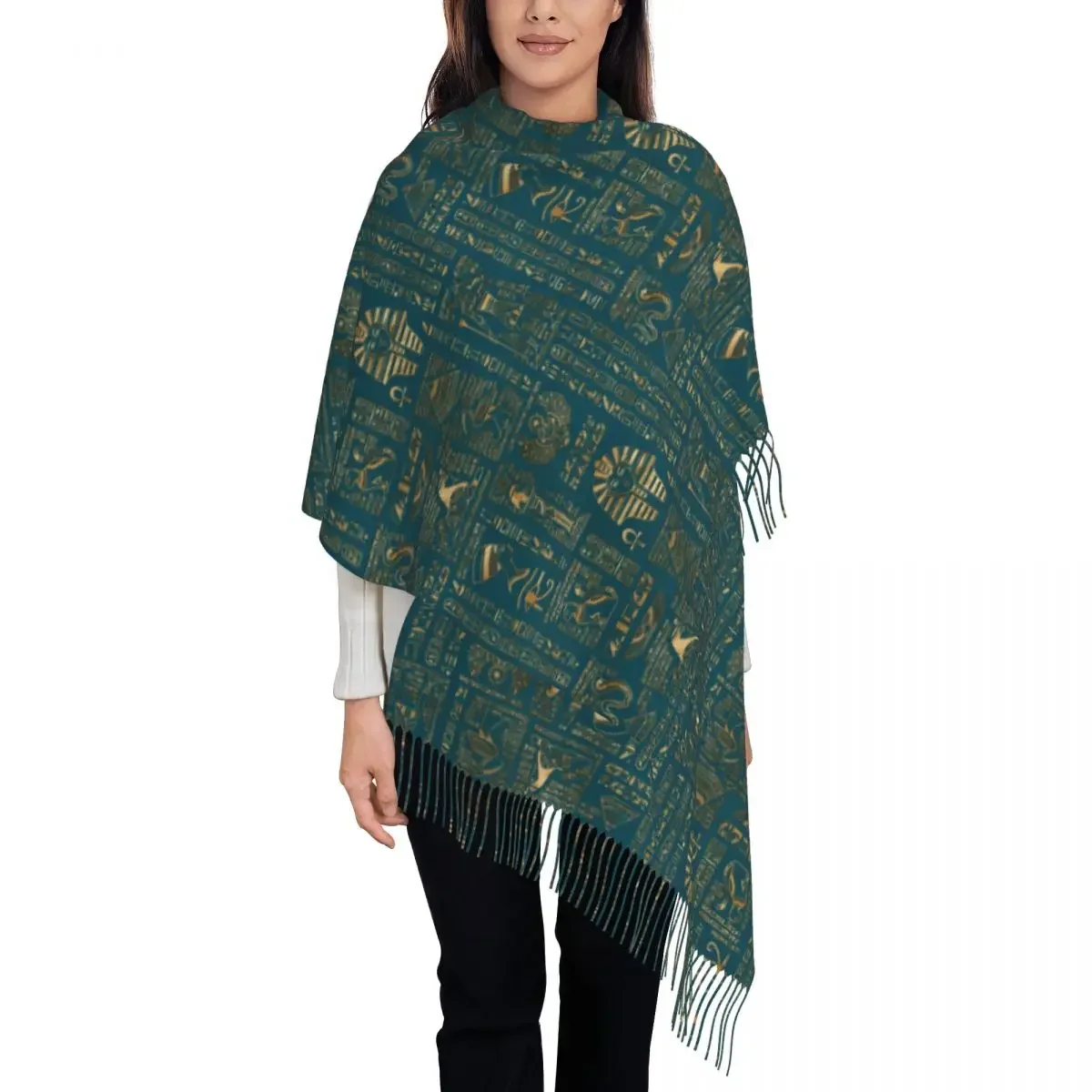 Egyptian Hieroglyphs And Deities Tassel Scarf Women Soft Ancient Egypt Pharaoh Shawls Wraps Lady Winter Scarves