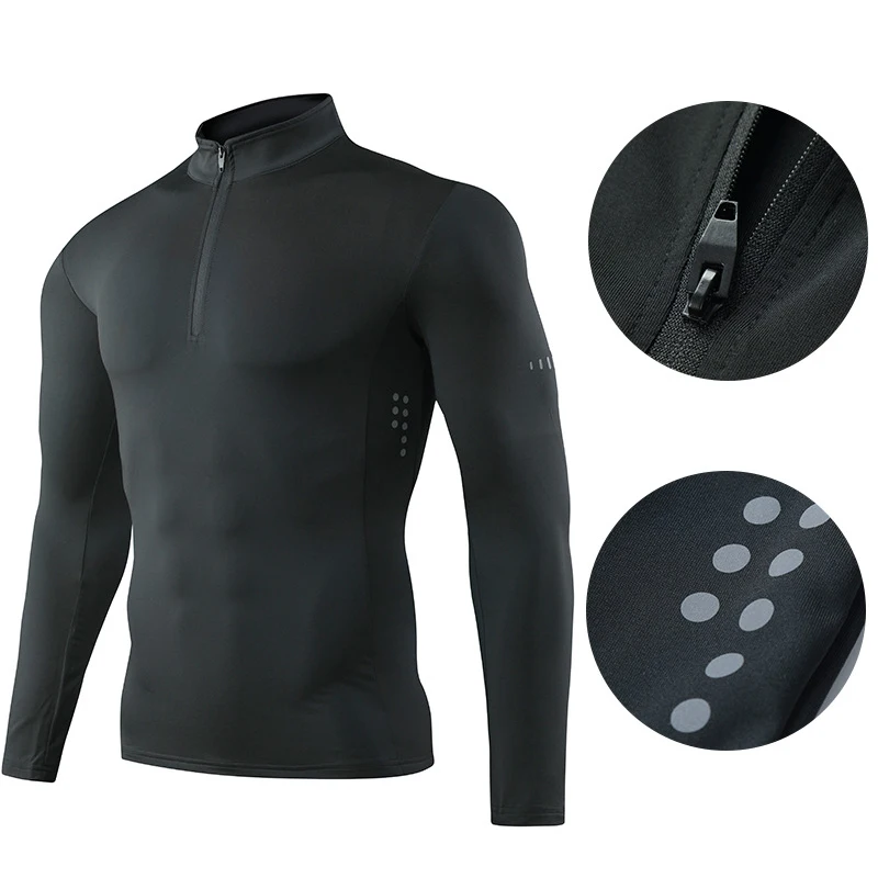 Mens Sports T-Shirt Long Sleeve Top Gym Clothing Fitness Compression Shirt Half Zip Pullover Quick Dry Sportswear