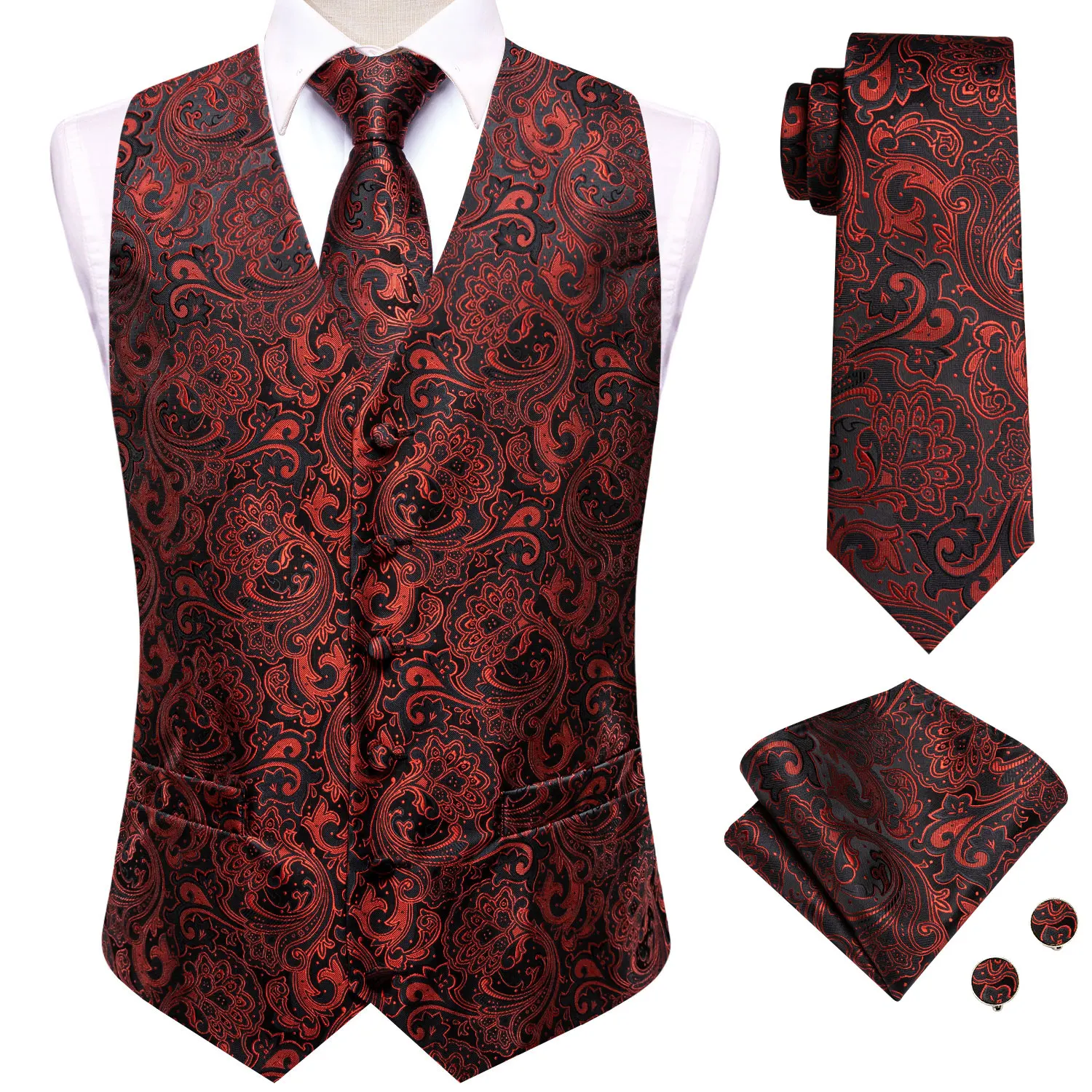 Hi-Tie Paisley Jacquard Silk Men\'s Vests Red Black Blue Green Waistcoat Tie Hanky Cufflinks Brooch Sets Wedding Formal Business