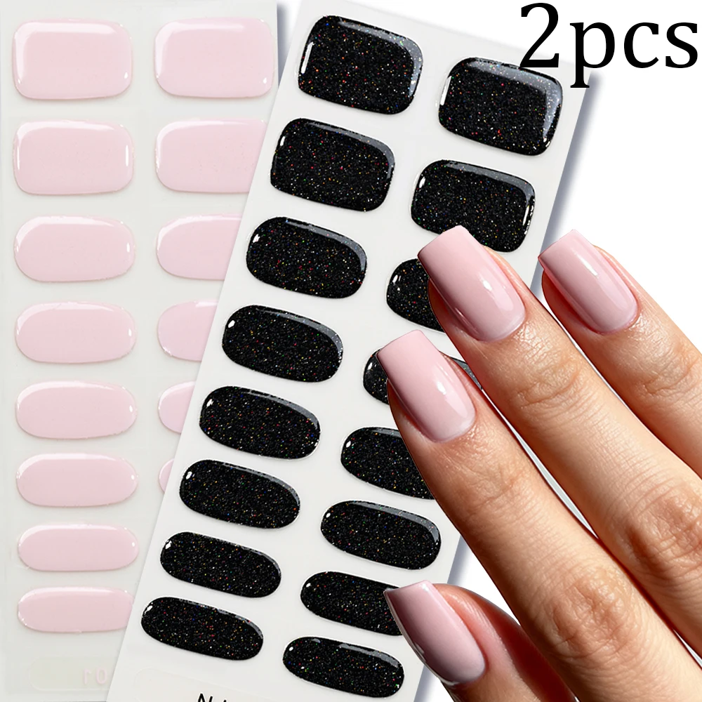 

2sheet 32tips Semi-Cured Gel Nail Stickers Glitter Solid Color Full Cover Nail Strips UV Lamp Self-Adhesive Manicure Gel Decals