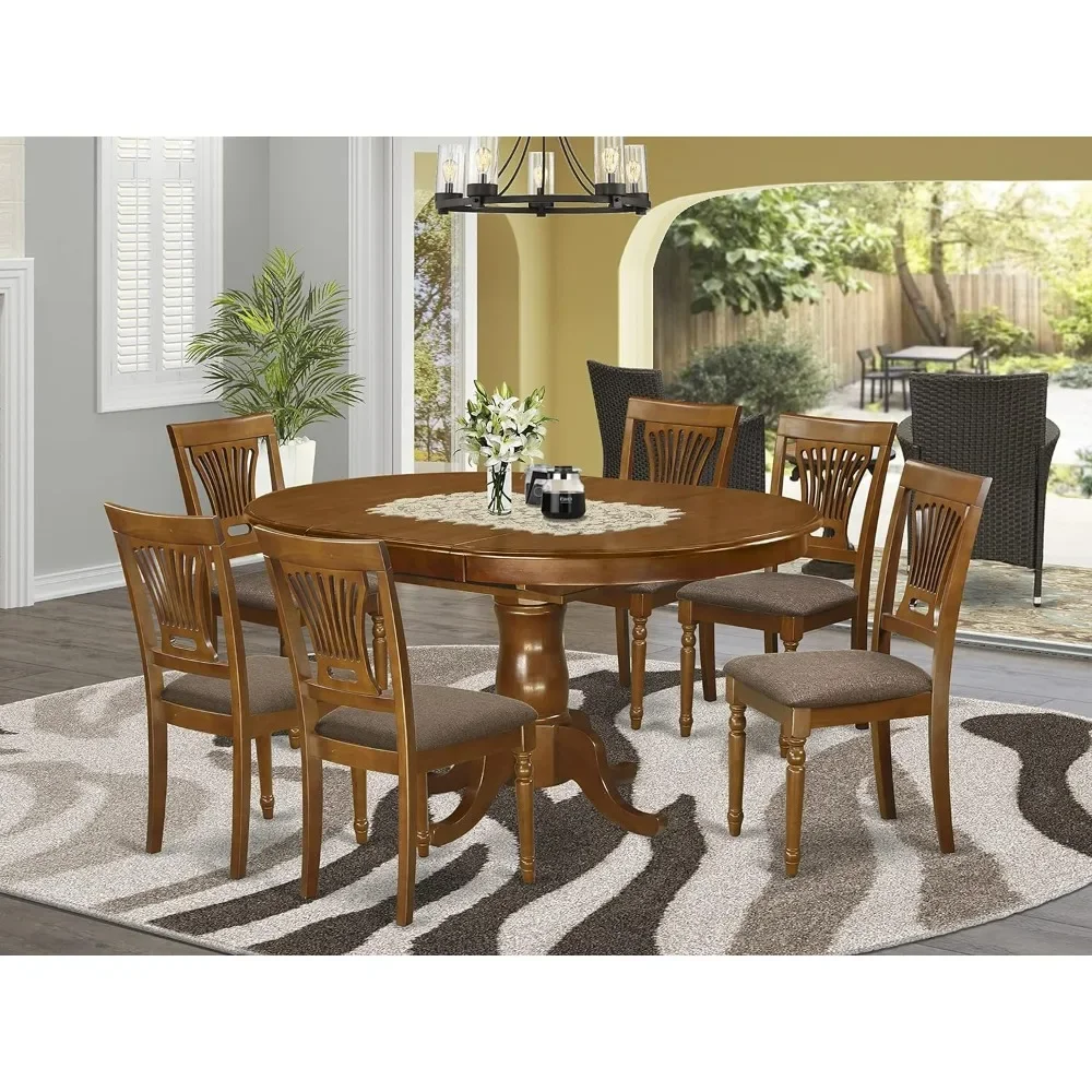 Dining Room Furniture Set 7 Piece Consist of an Oval Kitchen Table with Butterfly Leaf and 6 Linen Fabric Upholstered Chairs