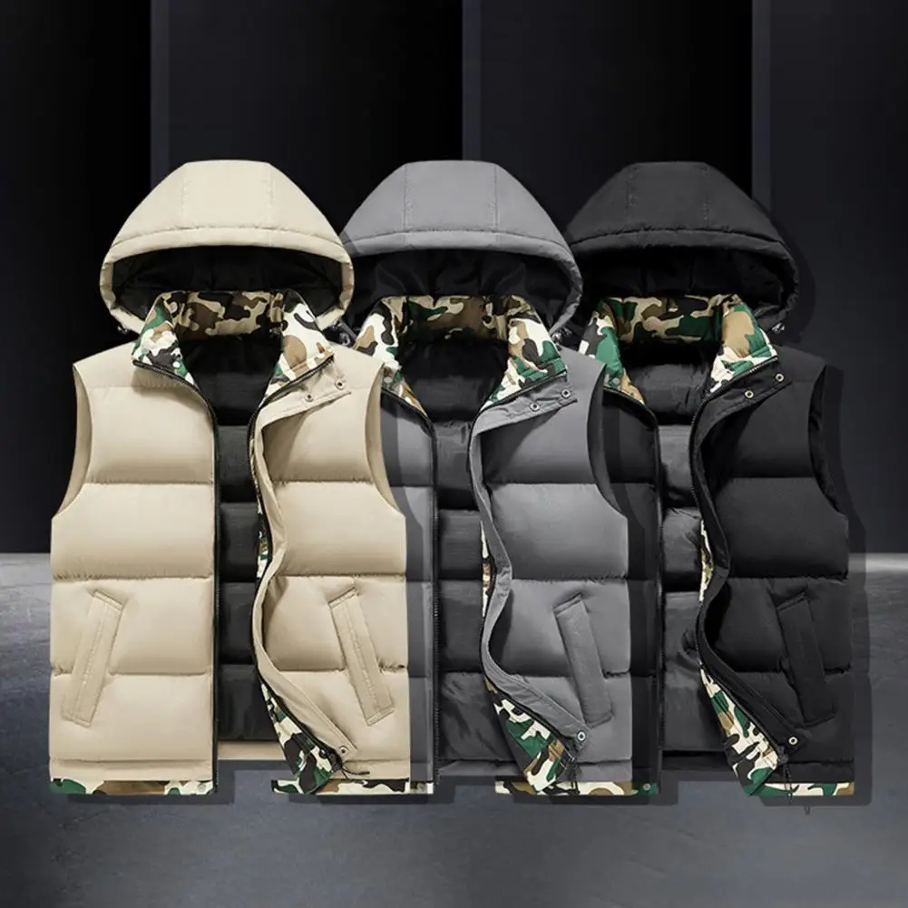 Gilet con cappuccio da uomo foderato mimetico autunno/inverno colletto alla coreana tasca calda con cerniera gilet senza maniche da uomo Casual