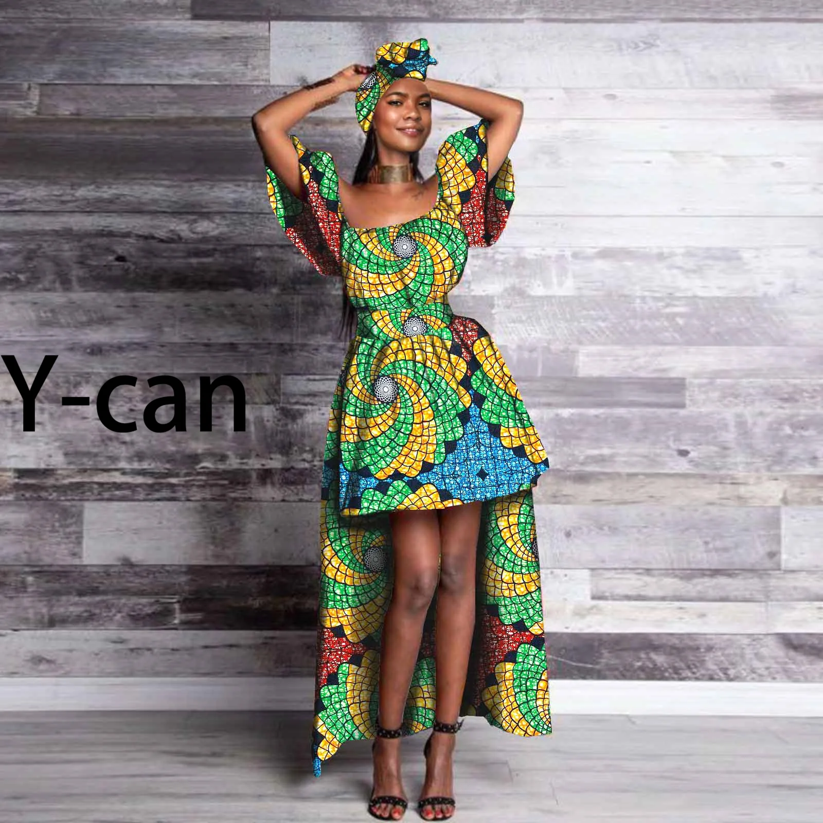 African Dresses for Women Dashiki Ankara Print Puff Sleeve Long Irregular Skirt with Headwrap Bazin Riche Lady Outfit S2125046