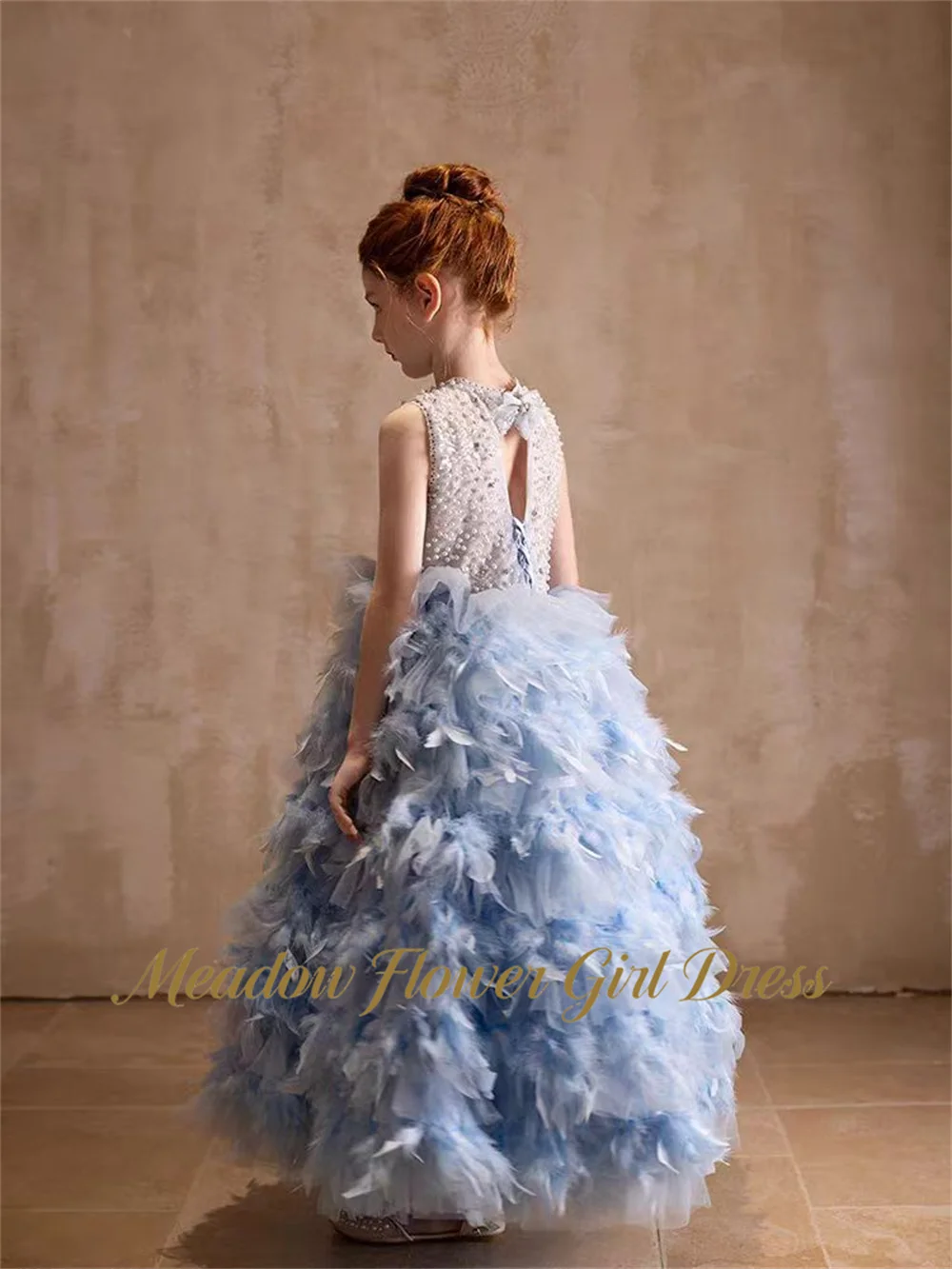 Meadow Royal Blue Children Birthday Wedding Dresses Round Neck Sleeveless First Communion Gown with Pearls Girls Princess Dress