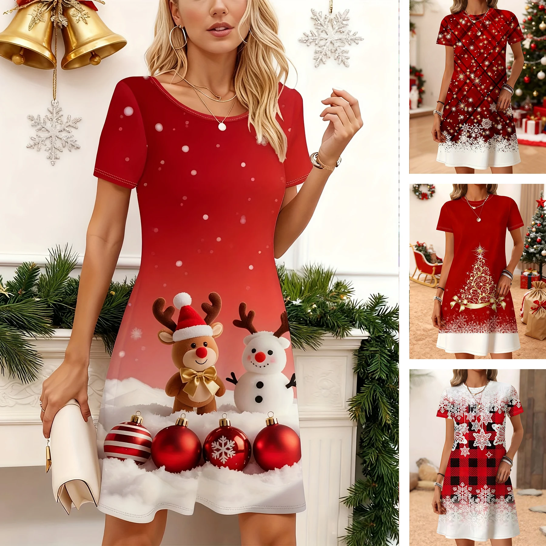 Rotes Maxikleid mit Weihnachtsdruck für Damen, Weihnachtsmann, Rentier, Schneeflocken-Design, Neujahrskleid, kurzärmelig, A-Linie, Urlaubs-Partykleid
