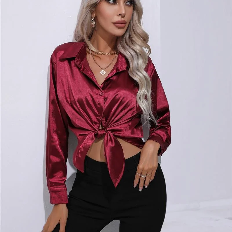 

Women's Satin Imitation Silk Long irt Straight Cut Button Detail Polyester Fiber Long Sve Flip Collar Color Open C...