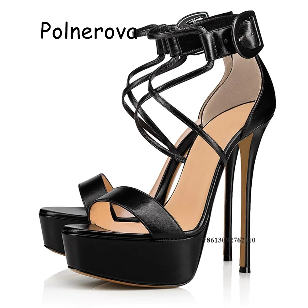 

Patent Leather Sandals Platform One Word Belt Women's Shoes Cross Tied Buckle Summer Casual Thin High Heels Ladies Fashion Shoes