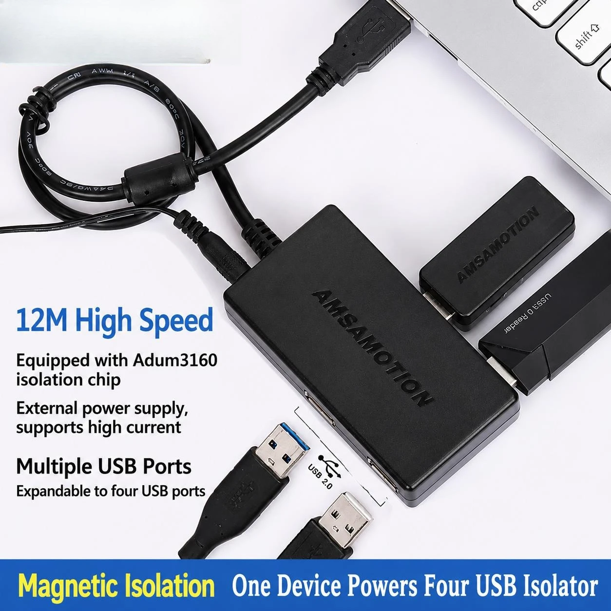 USB 2.0 Isolator Docking Station 4 Port Electromagnetic Signal Isolation Hub USB to USB 4P High Speed Data Transfer Adapter