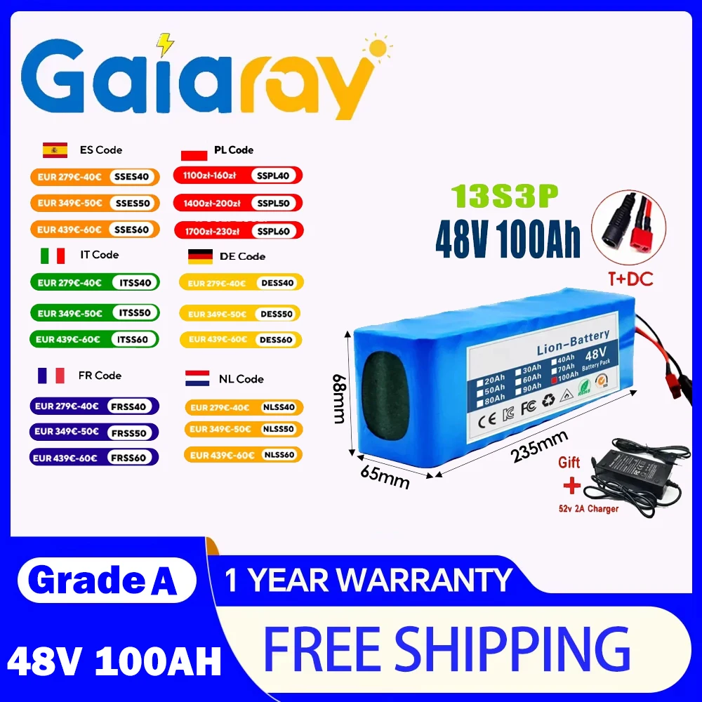 

Gaiaray 2025 New 48V 100Ah 2000W 13S3P DC/T Lithium Ion Battery Pack Suitable for 48V motors with BMS+54.6V Charger