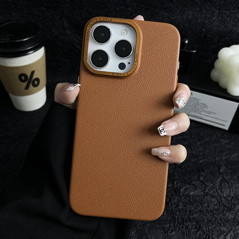 Matte Titanium gray Lichee leather pattern phone case for iPhone 16 15 14 13 12 11 Pro Max metal lens frame shockproof hard case