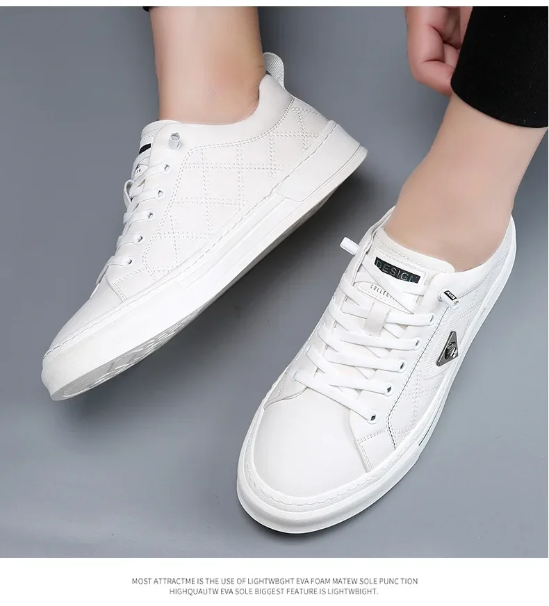 New Shoes for Men Genuine Leather Casual Shoes Spring Fashion Stitch White Flat Skateboard Shoes Comfortable Sneakers