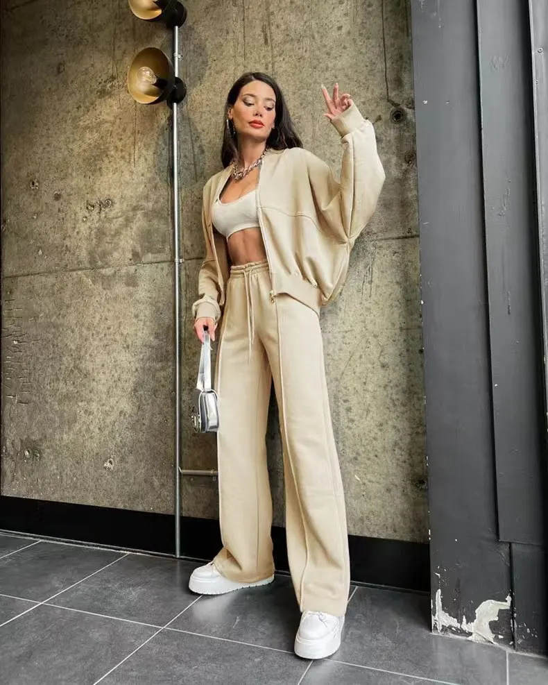 Women Casual Pant Set Autumn/Winter Zipper Casual Jacket Wide Leg Pant 2 Pieces Set Outfits New 2025 Fashion Sports Women Suit