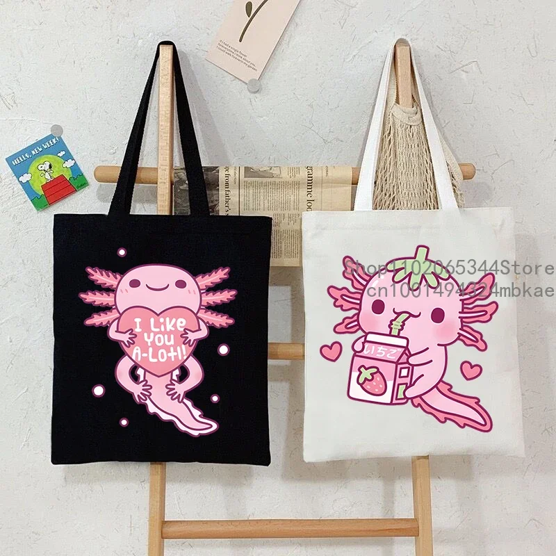 

Милая парусиновая женская сумка аксолотль, аксолотль, бобо, чайные сумки для покупок, модная большая сумка с мультяшными животными, аксолотль, женские сумки