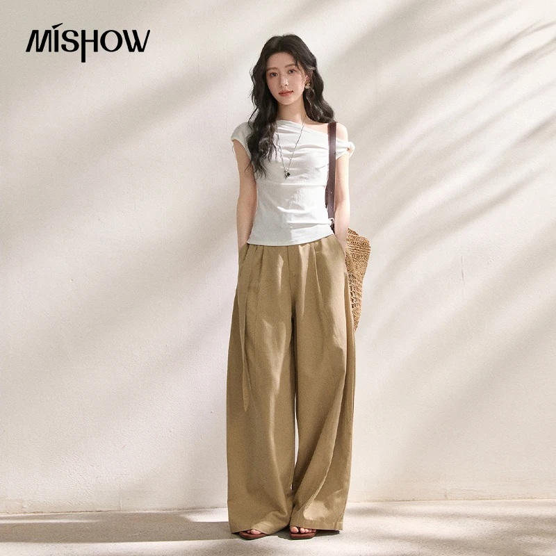 MISHOW Asymmetric Off-Shoulder Twist T-Shirt For Women 2026 Summer New Pleated Design Slim Fit Sexy Temperament Top MXF24T1634