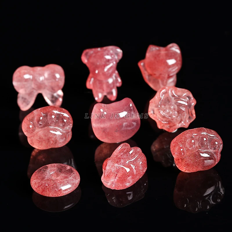 JD 1Pcs 10-20mm Natural Strawberry Quartz Carved Pixiu and Small Bear Charms for DIYJewelry Making Perfect Gift