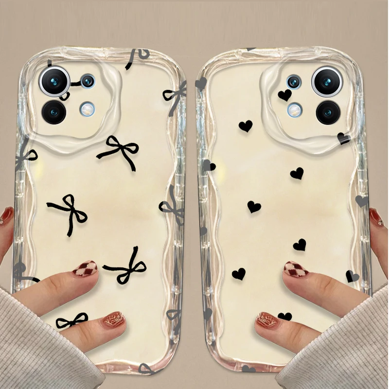 Black Bowknot love Heart Case for Xiaomi POCO X7 X6 X5 X3 NFC F7 Ultra F6 F5 Pro F4 F3 GT M5S C65 C75 M3 M4 M5S M6 M7 Pro 4G 5G