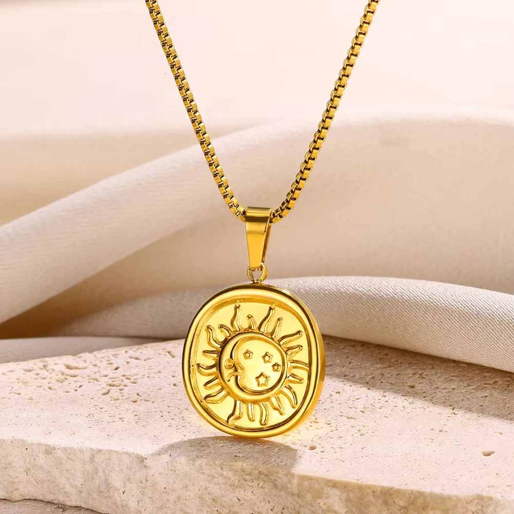 Delicate Sun Pendants Necklace for Women Gold Color Stainless Steel Moon Sunflower Waterproof Necklace Party Jewelry Gift