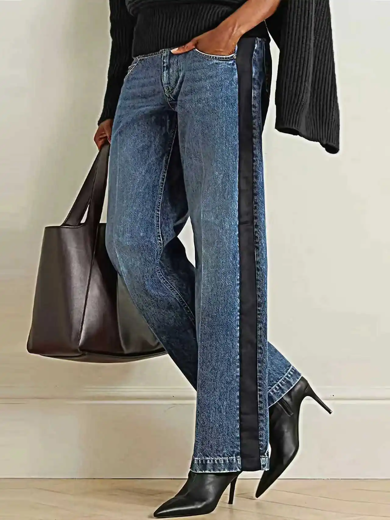 

Женские широкие джинсы контрастного цвета в полоску по бокам в стиле ретро, стильные, утягивающие, неэластичные, со средней талией, длинные джинсовые брюки