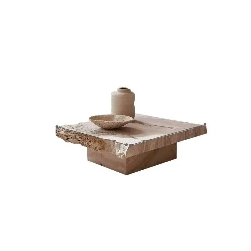 Modern Nordic design living room beige travertine block base square coffee table luxury marble coffee table