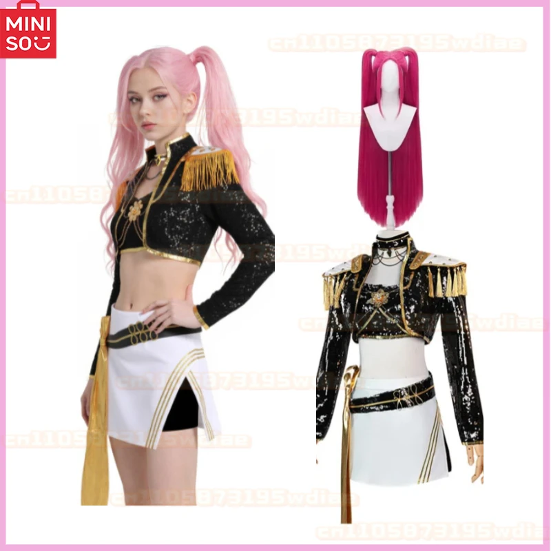 

MINISO KPop Demon Hunters Cosplay Rumi Zoey Mira Costume Wig Women Black Golden Cool Suit Halloween Party Role Playing Outfit