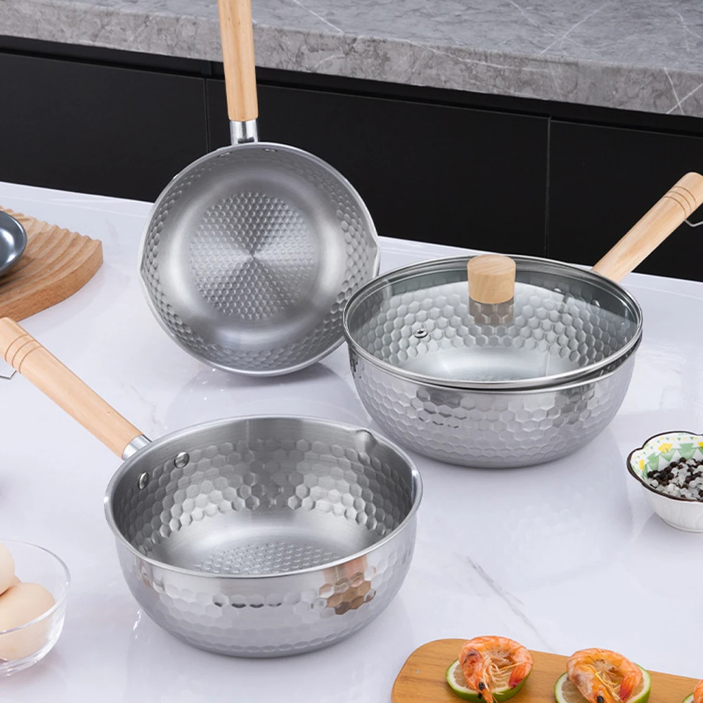 430 وعاء حساء من الفولاذ المقاوم للصدأ على الطراز الياباني وعاء الثلج مقبض خشبي إناء عميق وعاء الحليب تجهيزات المطابخ المطبخ مسطحة القاع غير عصا ووك