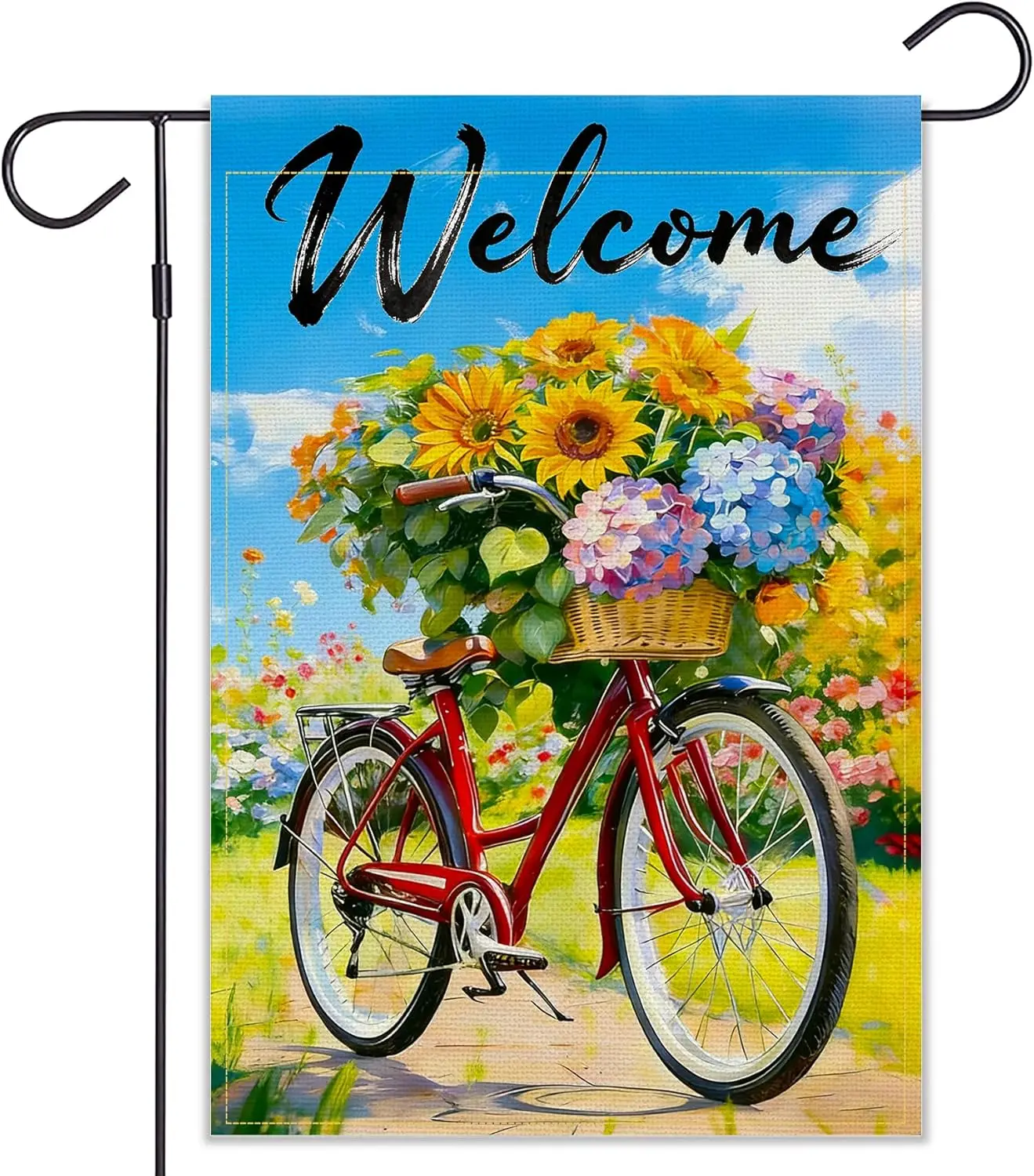 Welcome Summer Bicycle Garden Flag, Sunflower and Hydrangea Floral Design, Outdoor Yard Decoration (Bicycle, 18