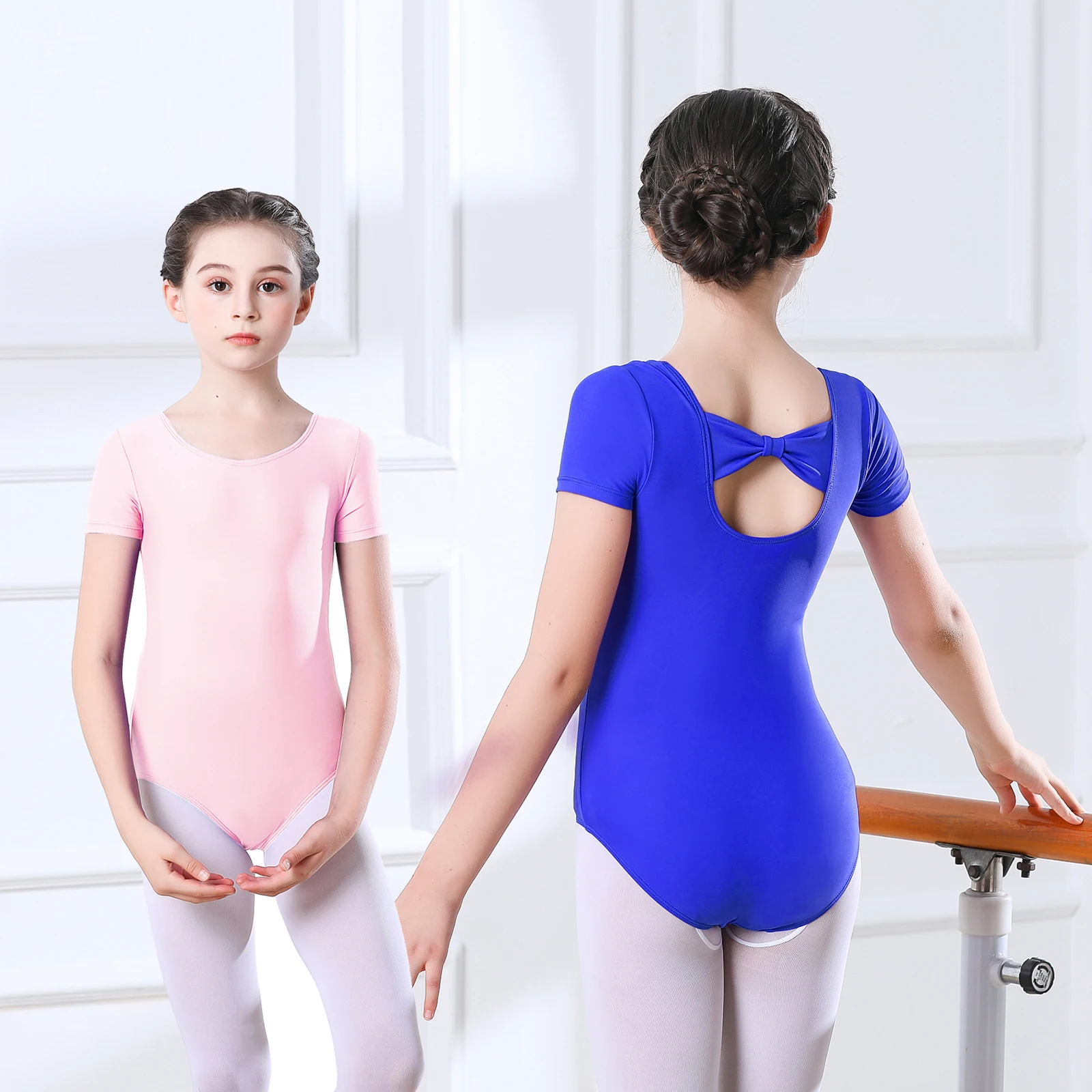 AOYLISEY Ballet Dance Bow Back Leotard for Girls Toddler Short Sleeve Gymnastics One-pieces Bodysuits Kids Belly Outfit Costume