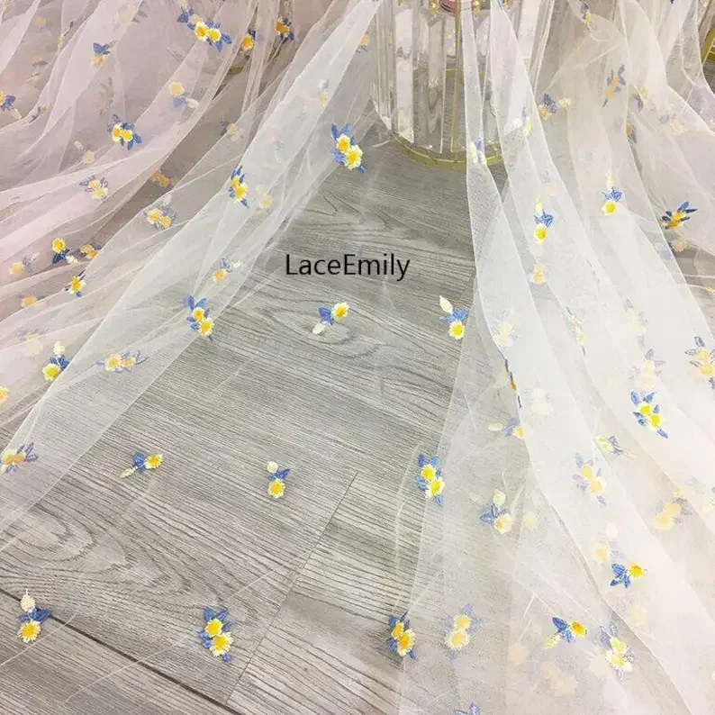 Delicate small flower embroidery Lace Fabric flowers soft pink mesh tulle For Wedding Gown, Bridal Dress,  Party Dress 1 Yard