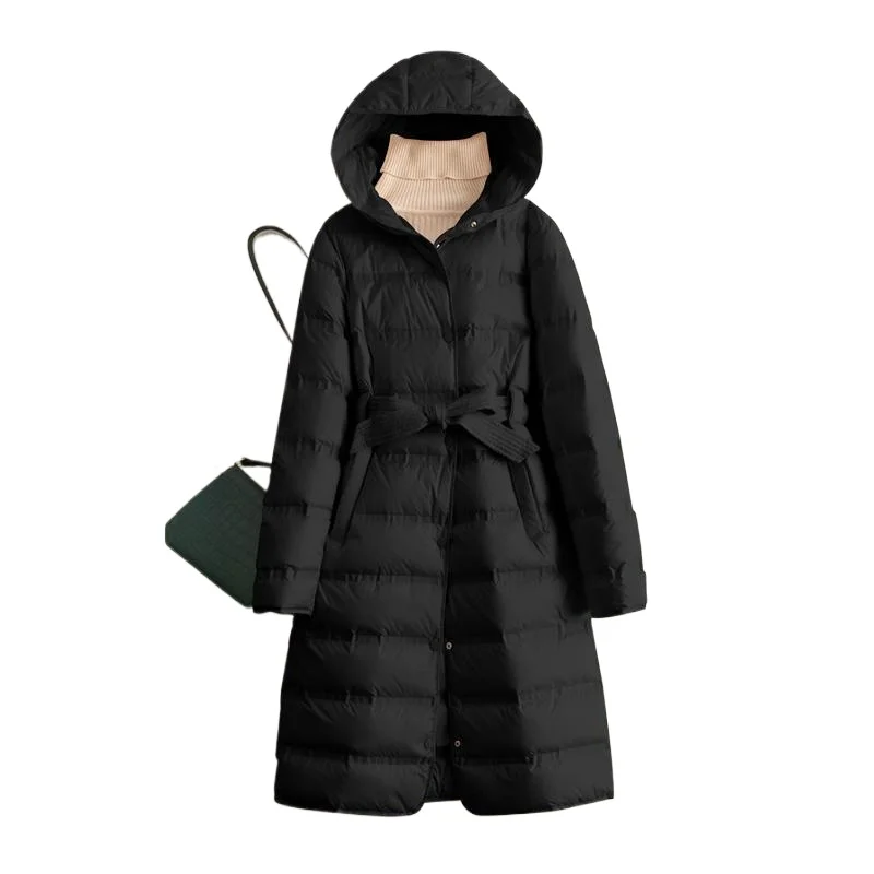 Kurtka puchowa damska na zimę 2026, dojazdy do pracy, z kapturem, zapinana na paski.
