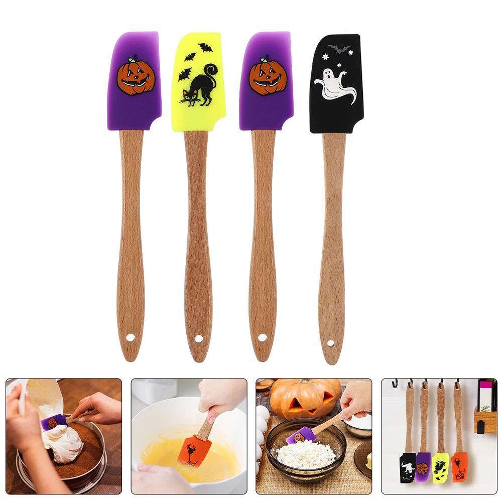 4 Pcs Halloween Silicone Spatula Set Non-Stick Silicone Baking Spatulas with Wood Handle for Cooking Baking Kitchen Gadget Cream