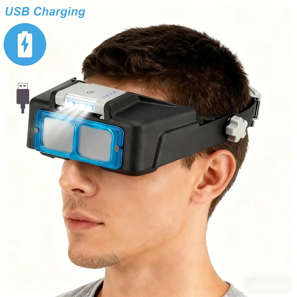New Head-mounted Magnifying Glass with 4 LED Lights, USB Charging, Optical Glass Lens Suitable for Reading Welding Magnifier