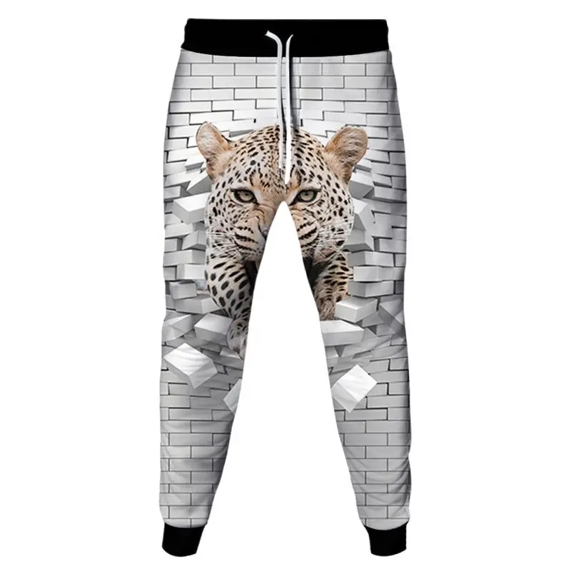 Animal Leopard Tiger Break Through The Wall 3D Print Men Clothes Jogging Pants Women Fashion Sweatpants Casual Outdoor Trousers