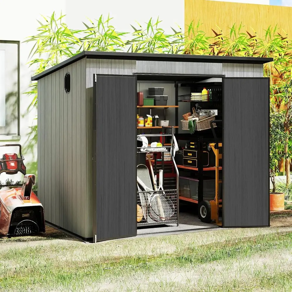 

Gray 6x8 Outdoor Plastic Shed with Windows, Louver Vents, and Double Lockable Door for Garden, Patio, and Lawn Storage