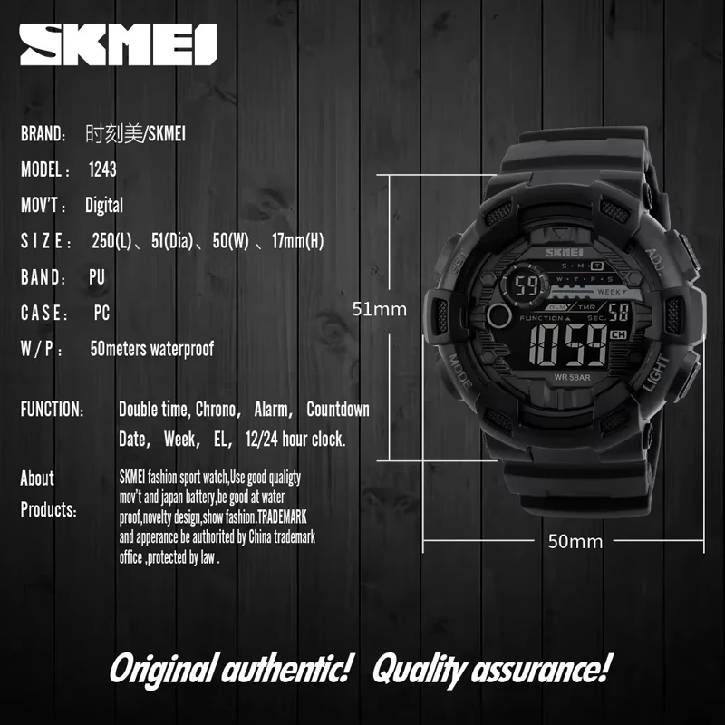 SKMEI 1243 Mannen Horloge Multifunctionele 5 Bar Waterdichte LED Display Horloges Chrono Digitale Horloge reloj hombre Sport Horloges