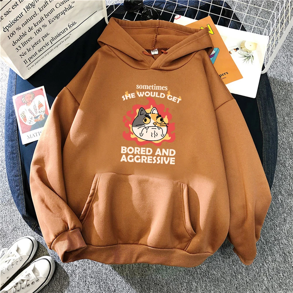 Angry Chubby Cartoon Cat Print Women Hoodies Warm Oversized Streetwear All-Match Pocket Hoody Autumn Fleece Y2K Sportswears