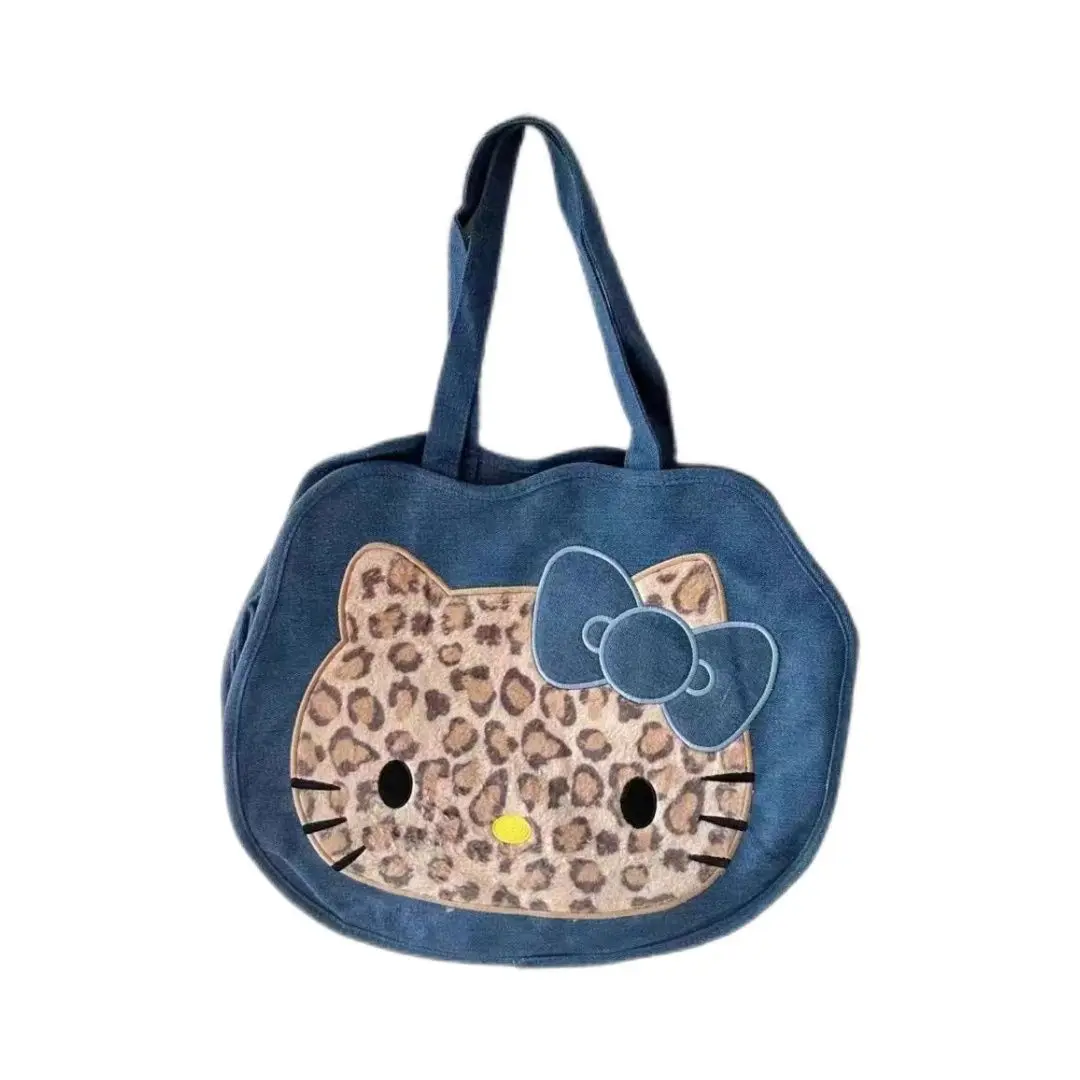 Sanrio Hello Kitty tas selempang wanita, kantung tangan kapasitas besar pola macan tutul koboi Vintage, tas bahu Tengah