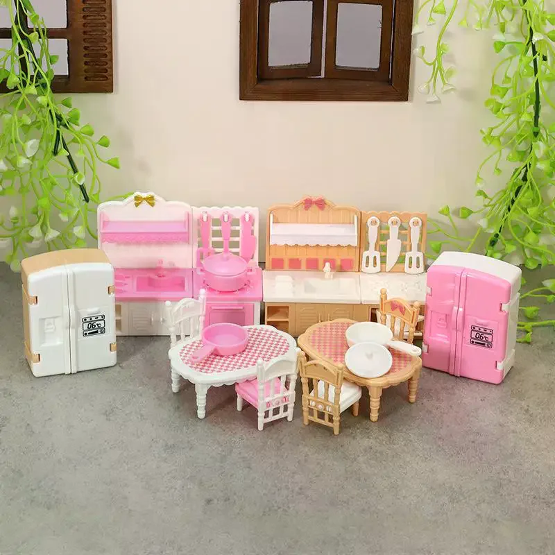 Decoração brinquedo 1:12 casa de bonecas em miniatura porta dupla geladeira mesa de jantar modelo de móveis