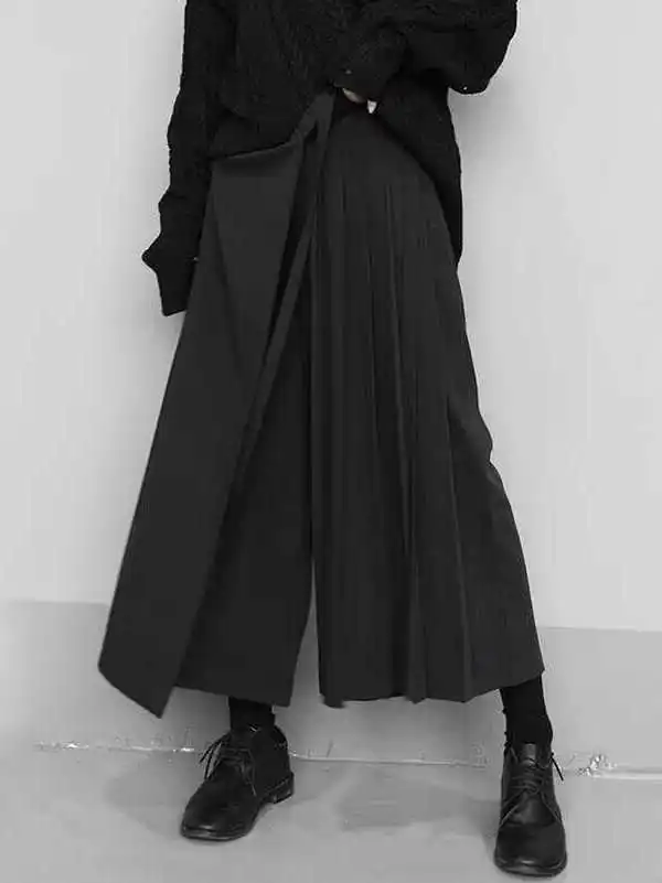 Hebden Style Retro Japanese Spring Summer Pleated Skirt Pants Loose Wide Leg Neutral Casual Pants Unisex High Waist Polyester...