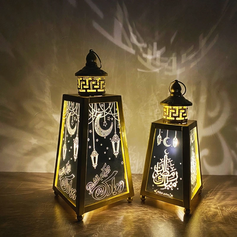 Retro Eid Mubarak Arab Lantern Party LED Lamp Mubarak Ramadan Decoration Muslim Event Party Ironwork Wind Lamp Crafts