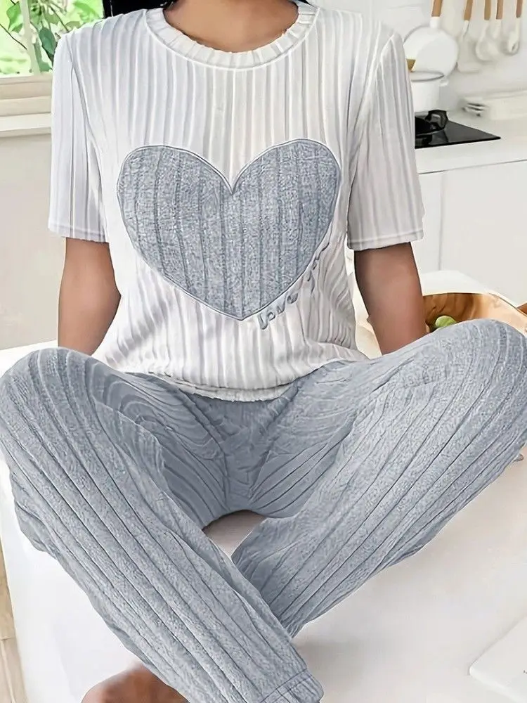 Women Sleepwear Autumn Winter Warm Two-Piece Heart Print Round Neck Short Sleeve Tops and Long Pants Pajamas Set Home Wear